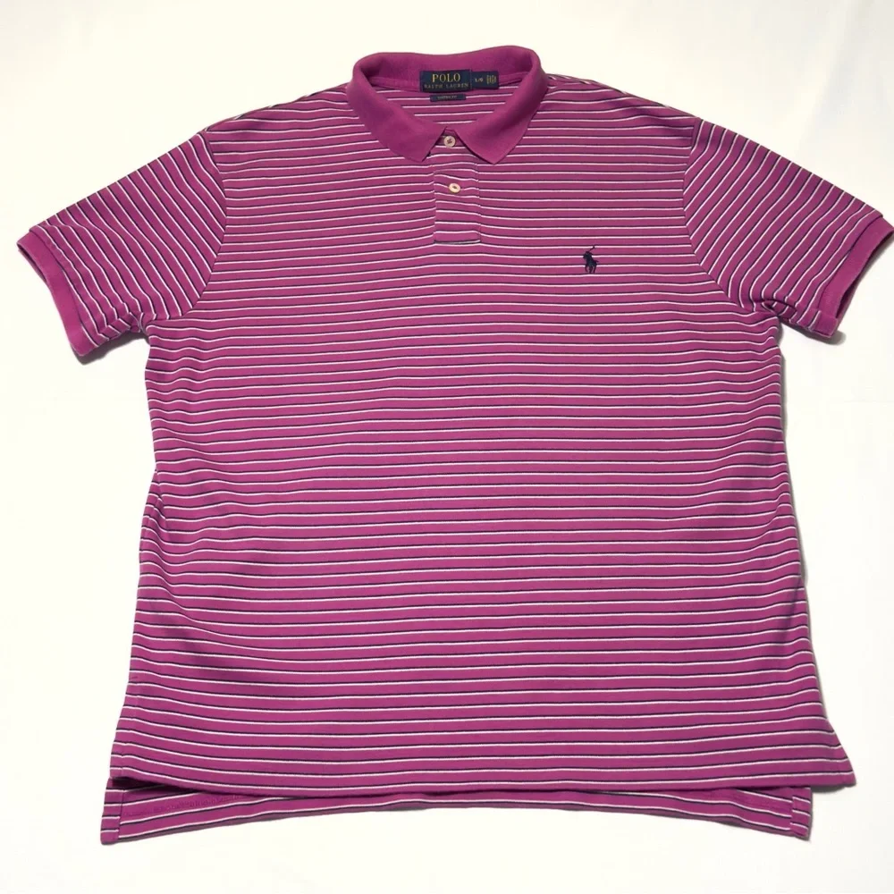 Polo Ralph Lauren Dark Pink & White Striped Polo Shirt‎ Size L Excellent